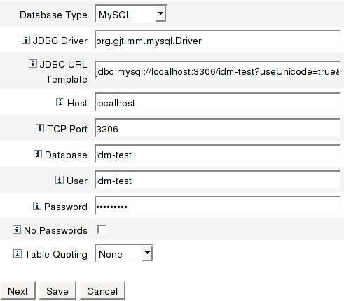 MySQL Table Resource Wizard - Database Access Parameters