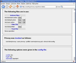 Privoxy, www rozhraní: informace o aktuálním stavu proxy-serveru