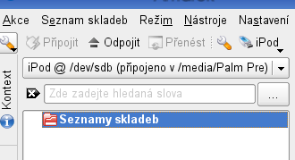 Screenshot Amaroku s připojeným Pre v režimu iPodu