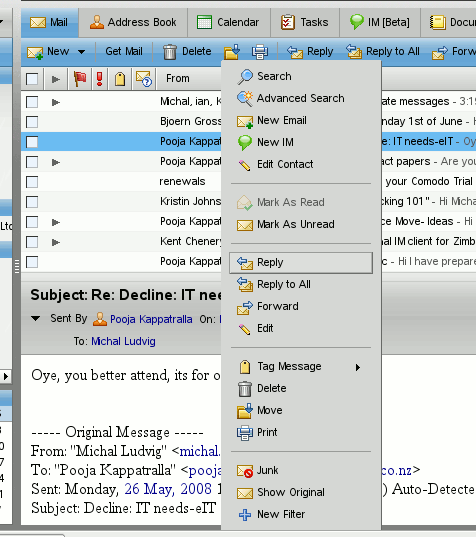 zimbra message context menu