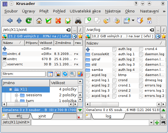 krusader 2.0 - hodně zmenšená verze ukazující stručný, podrobný i stromovitý pohled na soubory + panelové záložky