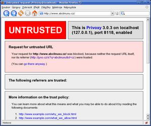 privoxy: ukázka zablokování přístupu na nedůvěryhodnou stránku