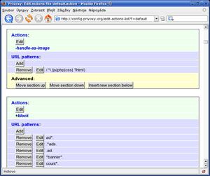 Privoxy, www rozhraní: ukázka editace konfiguračních souborů v prohlížeči