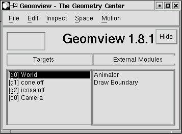 Geomview, hlavní okno