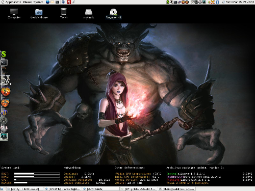 ArchLinux,Gnome,Conky,Cairo-dock a wallpaper z Dragon Age